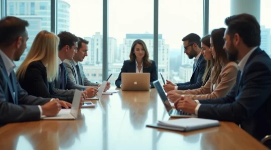 Une table de réunion moderne où des représentants du personnel en discussion avec la direction autour de documents stratégiques, une atmosphère de collaboration professionnelle
