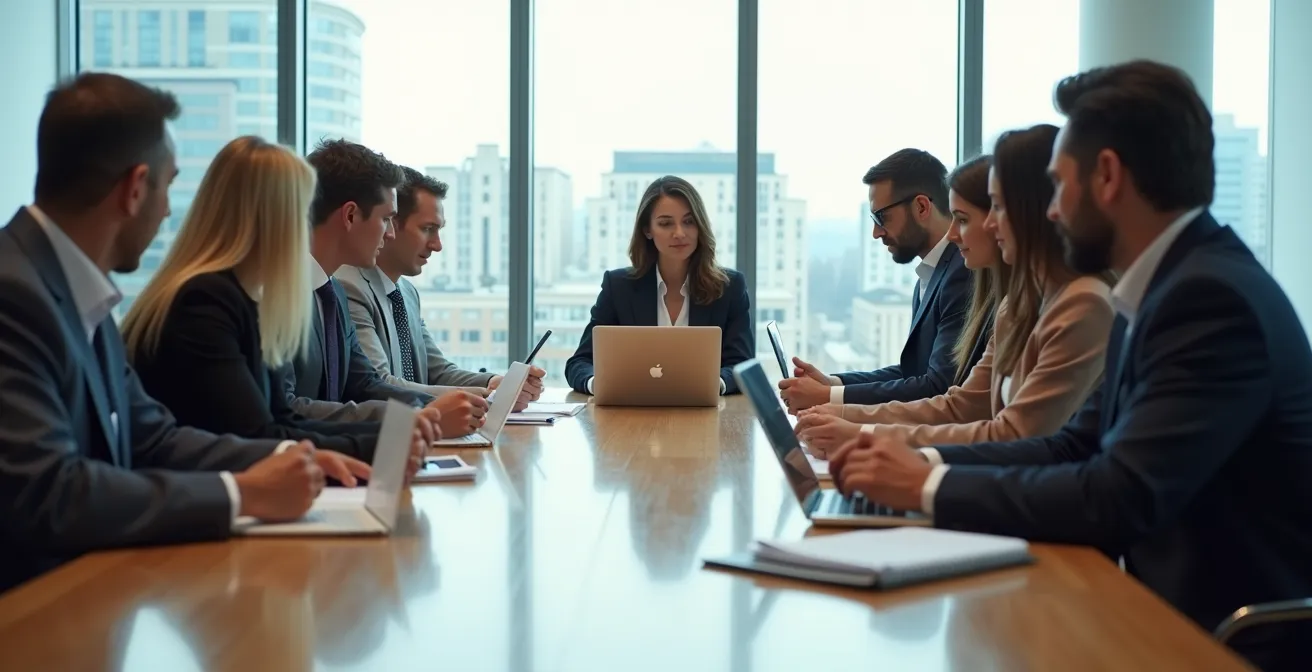 Une table de réunion moderne où des représentants du personnel en discussion avec la direction autour de documents stratégiques, une atmosphère de collaboration professionnelle