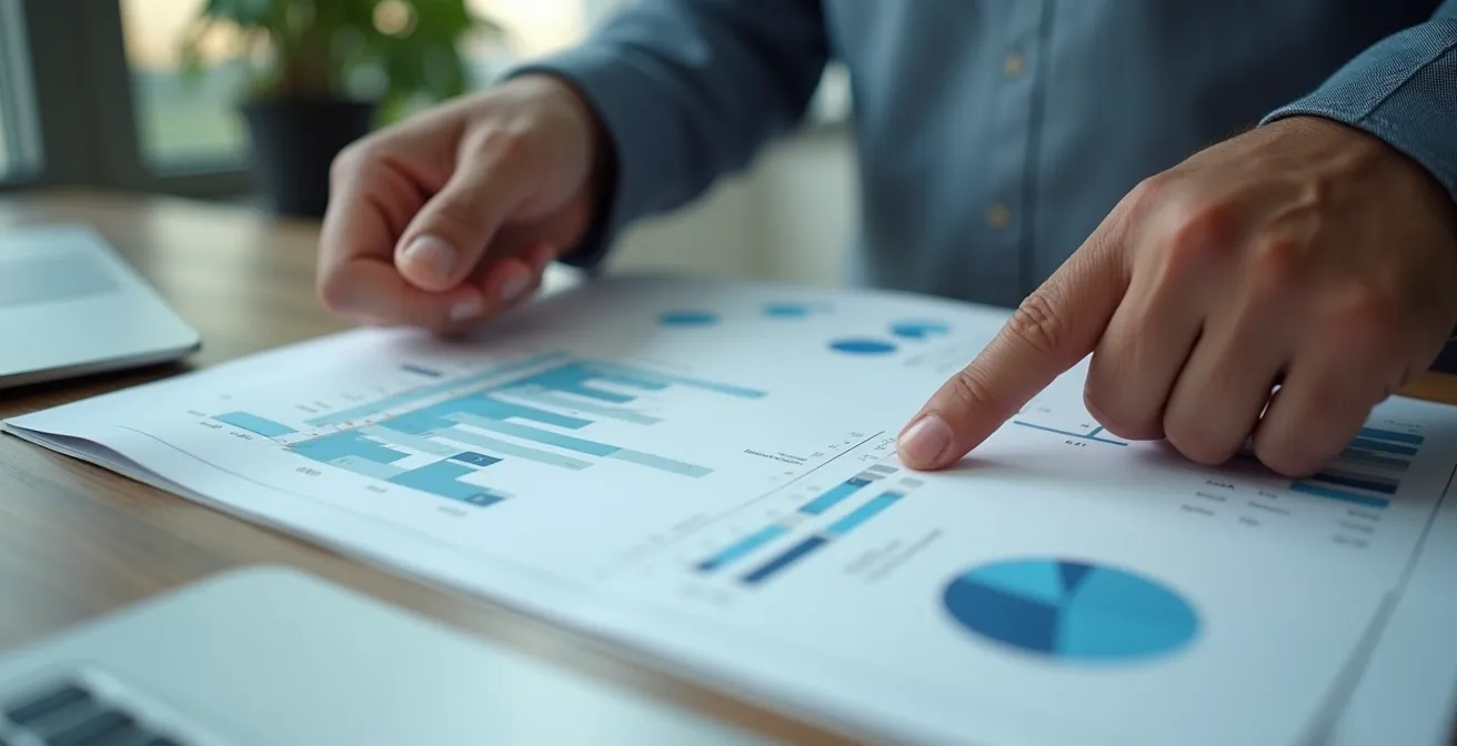 Gros plan sur des mains examinant des graphiques et tableaux de données économiques, symbolisant l'analyse rigoureuse et la préparation documentaire
