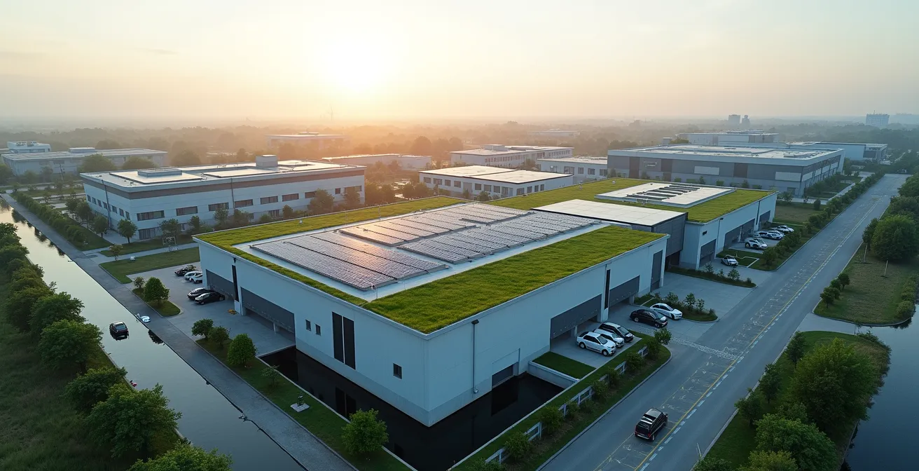 Vue aérienne d'une usine moderne montrant l'intégration de panneaux solaires et d'espaces verts, symbolisant l'engagement environnemental en milieu industriel