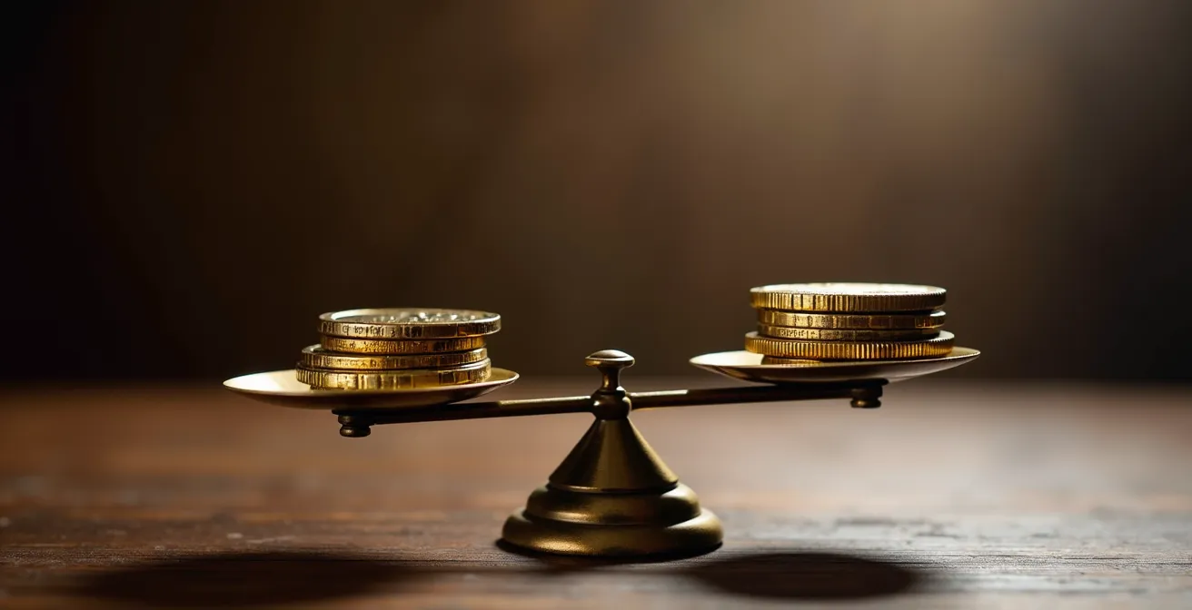Balance de justice avec pièces dorées évoquant le coût financier des litiges