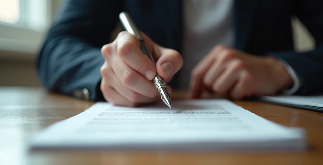 Main tenant un stylo au-dessus d'un document, moment de suspension avant signature