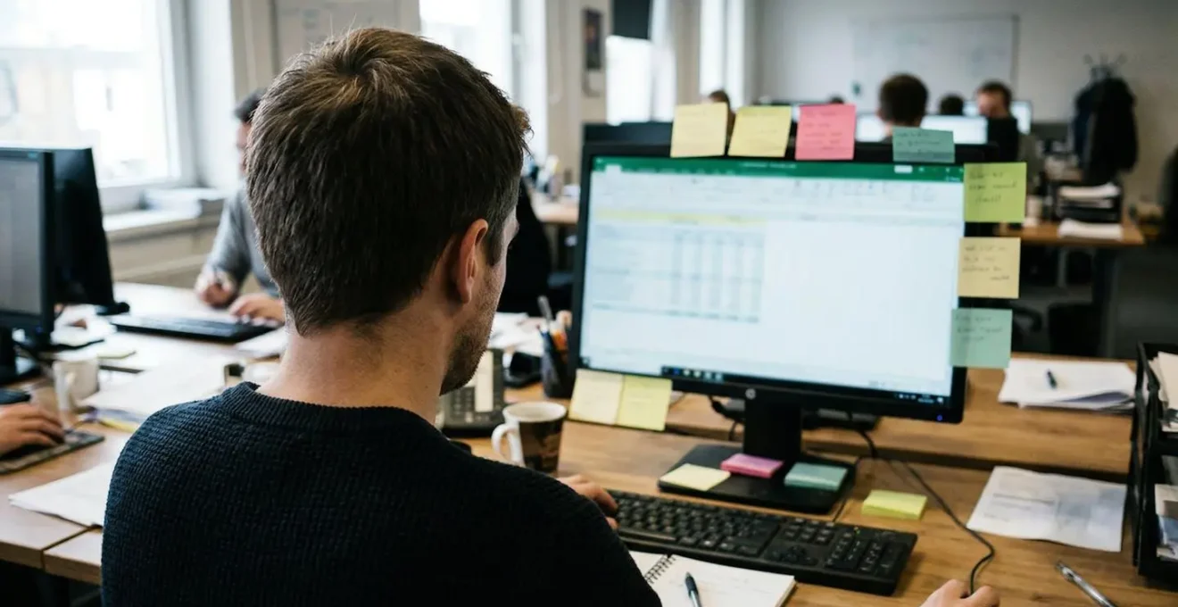 Vue de dos d'une personne assise devant un écran d'ordinateur flouté affichant des colonnes de chiffres, post-its colorés collés sur le bord de l'écran