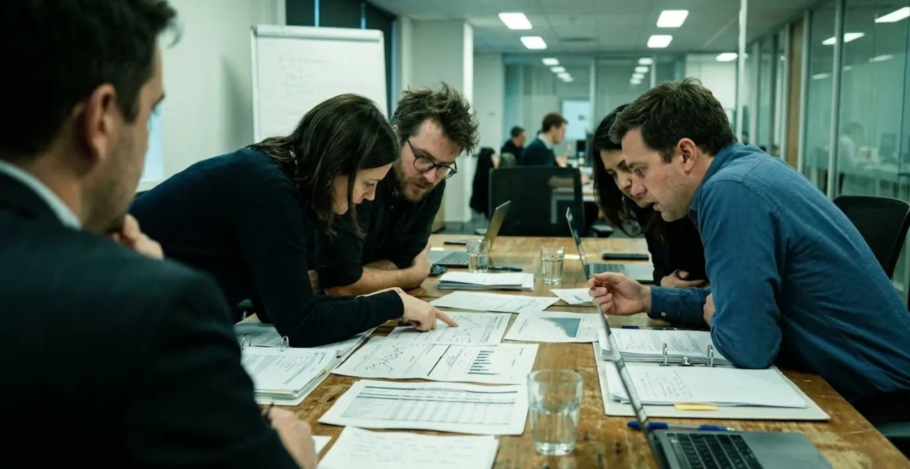 Plusieurs personnes penchées sur des graphiques financiers étalés sur une table de réunion, vues de profil dans une salle éclairée par des néons