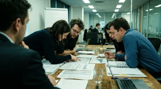 Plusieurs personnes penchées sur des graphiques financiers étalés sur une table de réunion, vues de profil dans une salle éclairée par des néons