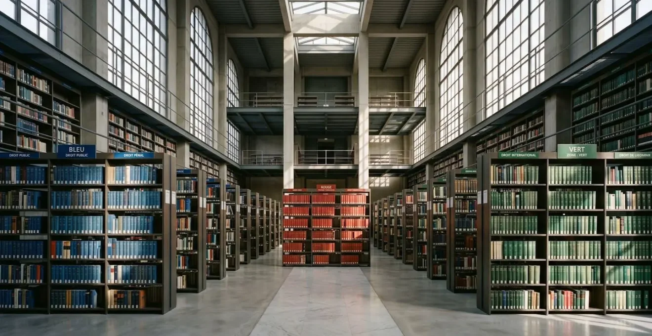 Bibliothèque monumentale avec rayonnages organisés en sections colorées distinctes, lumière naturelle structurant l'espace