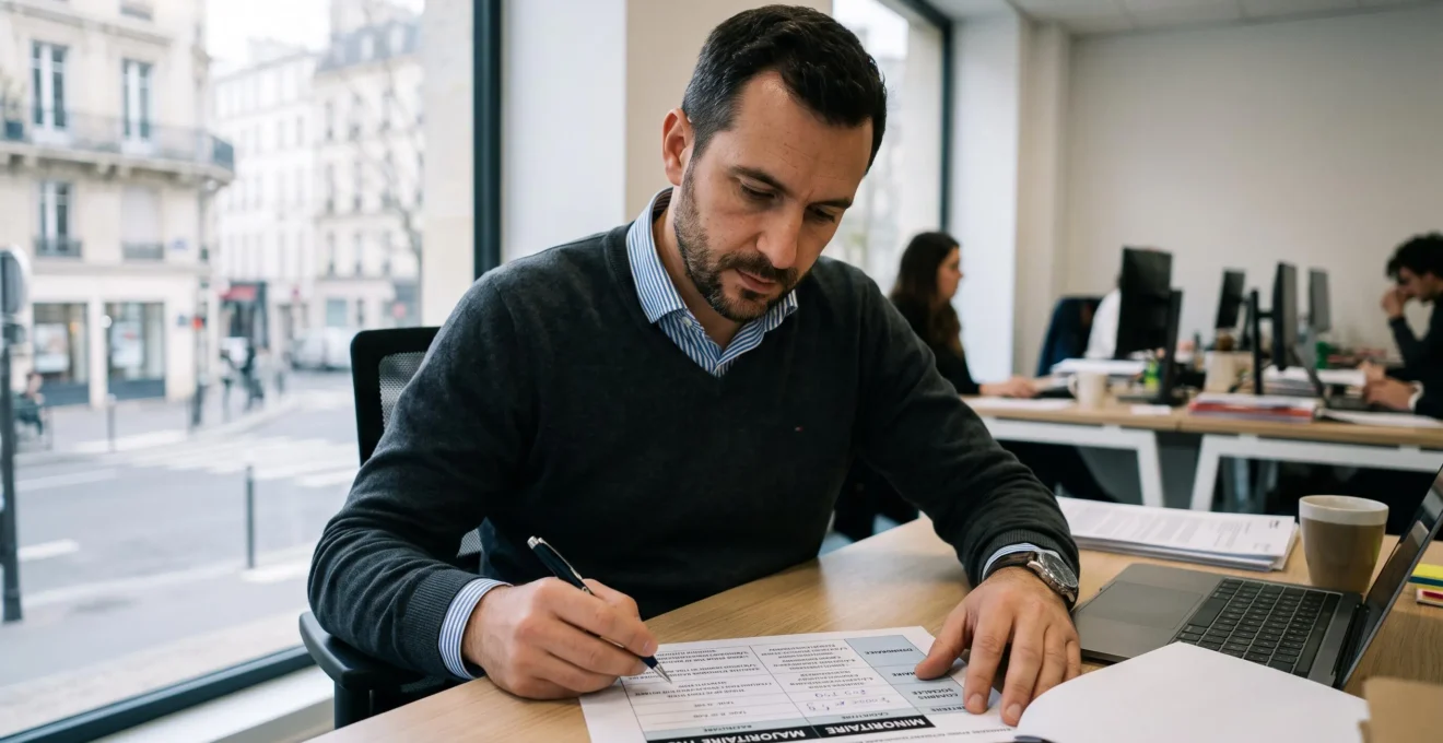 Gérant de SARL français consultant des documents tout en répondant à un appel professionnel dans son espace de travail