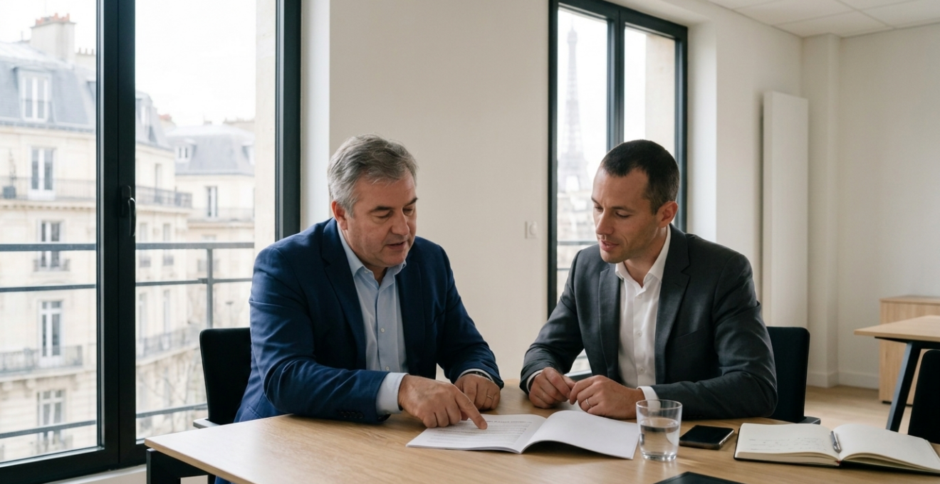 Deux associés discutant des statuts de SARL dans un bureau d'expert-comptable français, l'un pointant une clause pendant que l'autre écoute attentivement