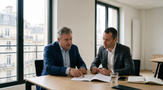 Deux associés discutant des statuts de SARL dans un bureau d'expert-comptable français, l'un pointant une clause pendant que l'autre écoute attentivement