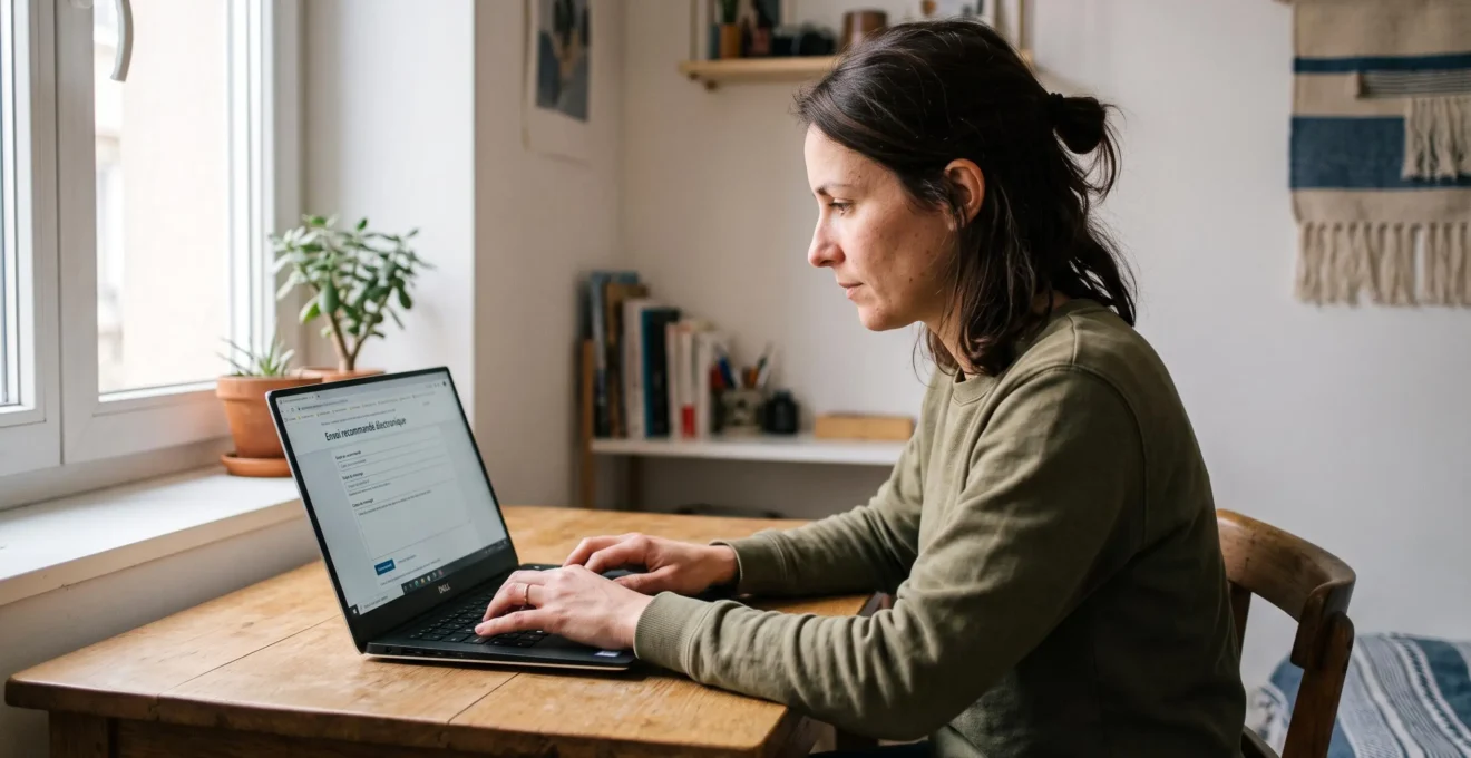 Salarié rédigeant son courrier de contestation via une plateforme d'envoi recommandé électronique depuis son domicile