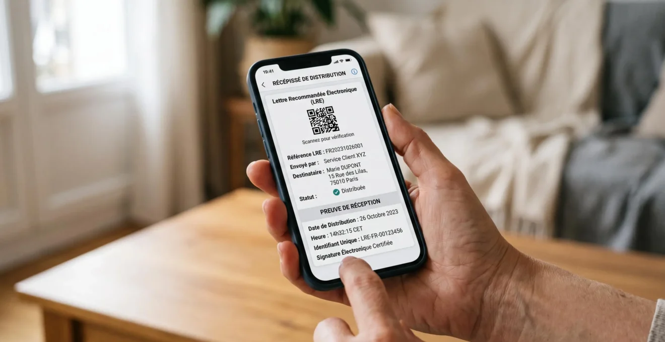 Gros plan sur un smartphone affichant les justificatifs de réception d'un envoi recommandé électronique certifié avec horodatage